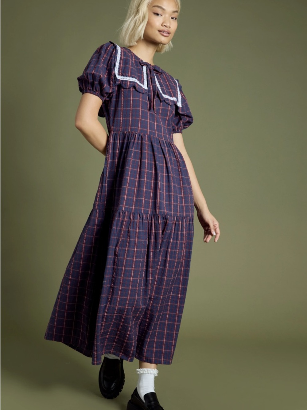 Neon rose Plaid Midi Dress with Sailor Collar